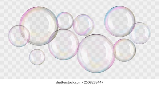 Soap bubbles float 3D on white background. Glossy translucent rainbow-colored spheres flare in air. Light glowing bath foam, carbonated frothy fizz drinks, and magic ball luxury glass effect.