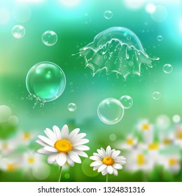 Soap bubbles floating bursting popping exploding above chamomile flowers realistic image with green blurry background vector illustration