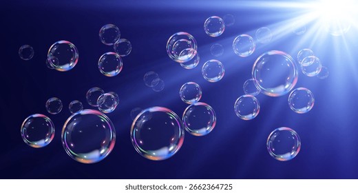 Soap bubbles floating in sunlight on blue background.EPS 10