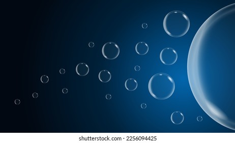 Soap bubbles fly horizontally from darkness to light. Realistic 3d vector on a dark background