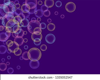 Soap bubbles flying. Poster with colored bubbles.