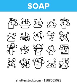 Soap Bubbles And Foam Collection Icons Set Vector Thin Line. Soap In Bottle For Wash Hand, In Bucket And In Laundry Machine Concept Linear Pictograms. Monochrome Contour Illustrations