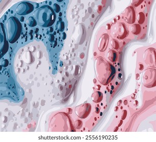 Soap bubbles- foam color background. Suds top view- liquid shampoo. Soapsuds- multicolor stains drip