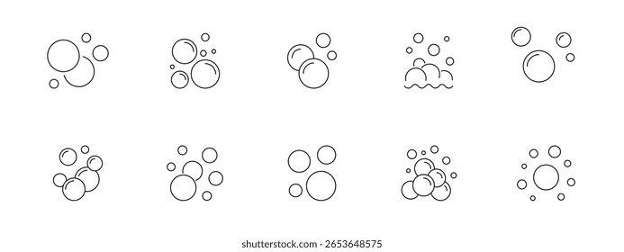 Bolhas de sabão e conjunto de ícones de espuma. Símbolos de limpeza, lavagem, higiene e frescura. Estilo de linha fina, preto e branco. Ilustração vetorial