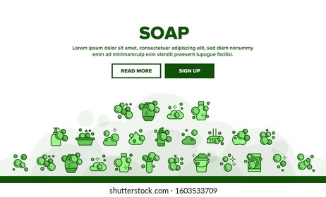 Soap Bubbles And Foam Landing Web Page Header Banner Template Vector. Soap In Bottle For Wash Hand, In Bucket And In Laundry Machine Illustration