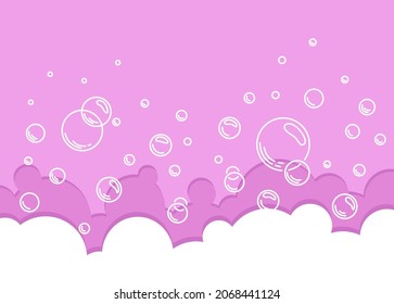  Soap bubbles and foam pink background. Effervescent and fizzy bubble border. Suds pattern. Vector cartoon illustration.