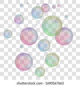 El jabón burbuja la espuma realista con colores arcoiris en un fondo transparente aislado. La ilustración del vector puso burbujas coloridas de jabón de espuma. 