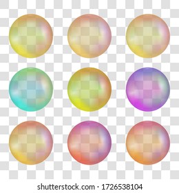 Soap bubbles foamy realistic with rainbow colors in an isolated transparent background. Square format. Vector illustration set colorful foam soap bubbles. 