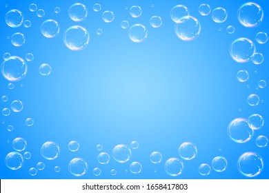Soap bubbles frame on blue background. Vector illustration