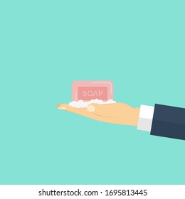 Soap with soap bubbles in hand, vector illustration in a flat style