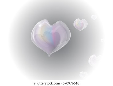 Soap bubbles heart-shaped. Valentine`s Day greeting card. Love conception.