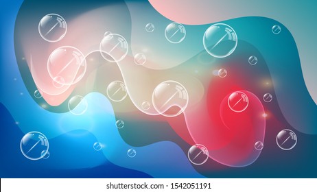 soap bubbles with highlights on the background of overlapping bright colorful multicolor abstract shapes with smooth wavy edges. abstract wallpaper. vector
