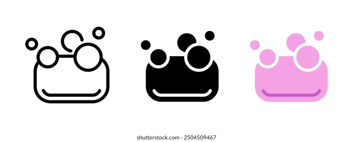 Soap with bubbles icon. Soap foam vector illustration. Pink water bubbles symbol. Hygiene care sign. Bathroom pictogram. Bathing isolated concept.