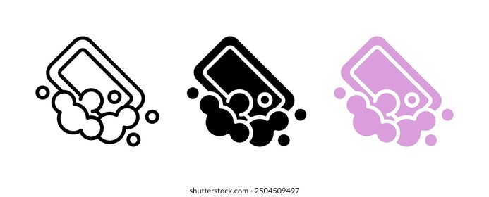 Soap with bubbles icon. Soap foam vector illustration. Soapy water symbol. Pink bubbly bar pictogram. Hygiene care sign. Clean isolated concept.