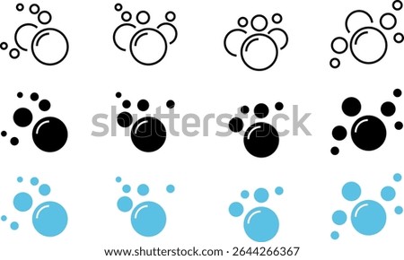 Soap bubbles icon set. Foam bubble symbol. Sparkling water. Fizzy soda drops sign. Oxygen sphere. Clean wash suds concept
