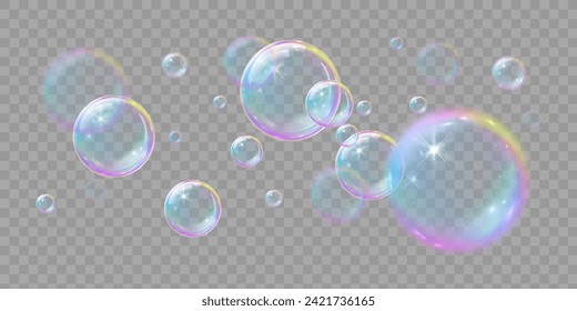 Soap bubbles, illustrations of realistic transparent soap bubbles on transparent cut out background