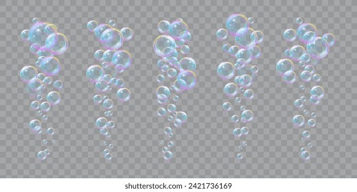 Soap bubbles, illustrations of realistic transparent soap bubbles on transparent cut out background