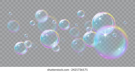 Soap bubbles, illustrations of realistic transparent soap bubbles on transparent cut out background