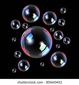 Soap bubbles isolated on black. Vector illustration