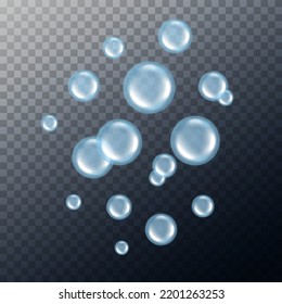 Soap bubbles isolated on transparent background. Realistic soap bubble blue color. Glass circles for detergent. Round sphere for concept cleaning. Abstract bead for design print. Vector illustration