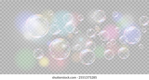 Soap bubbles isolated on a transparent background.Bokeh light glows with rainbows.EPS 10 vector.