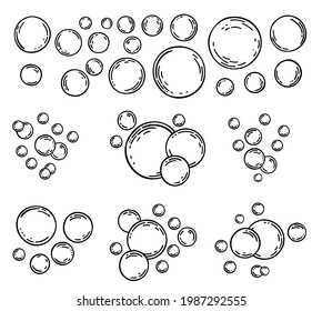 Soap Bubbles Isolated. Bubbles Sketch Line Icons Set. Soap Foam, Fizzy Drink, Oxygen Bubble Pictogram, Effervescent Effect Vector Illustrations, Outline Signs. Fizzing Air Bubbles Stream. 