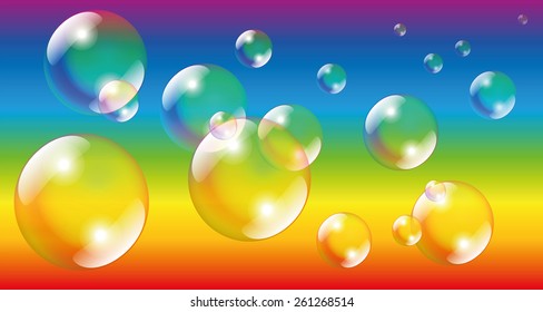 Soap bubbles - isolated vector illustration on rainbow colors gradient background.