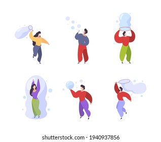 Soap bubbles. Kids active people attractions playing with soap bubbles garish vector illustrations collection various characters male and female