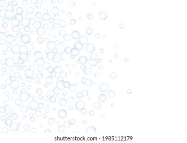 Soap bubbles, large and small, scattered randomly on a white background. Shades of blue and purple. Vector