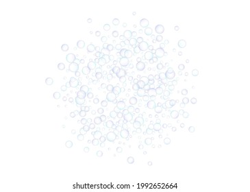 Soap bubbles, large and small, scattered randomly on a white background. Shades of blue and purple. Vector
