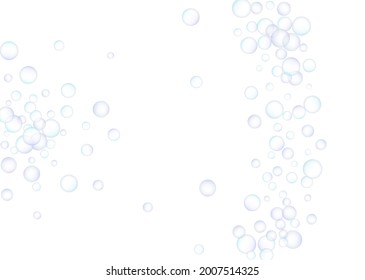 Soap bubbles, large and small, scattered randomly on a white background. Shades of blue and purple. Vector