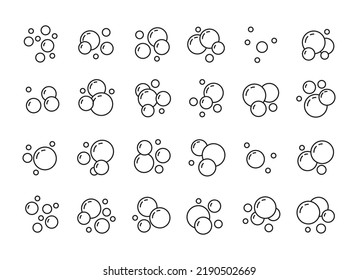 Iconos de línea de burbujas de jabón. Logo del contorno de oxígeno, logotipo de las bolas de espuma de agua para bebidas calientes y gel de ducha. Colección aislada de vectores de champán o bolas de jabón. Esferas de gas de los productos químicos de lavado