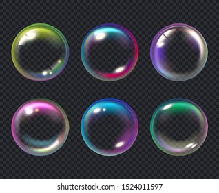 Soap bubbles. Liquid macro water bubble vector collection