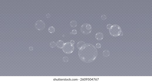 Soap Bubbles are located on a transparent background . Collection of realistic  bubbles, 3D soap balloon. Foam, powder,  Png, soap, detergen, Vector flying  bubbles.