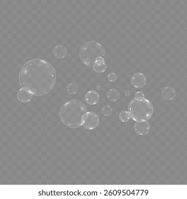 Soap Bubbles are located on a transparent background . Collection of realistic  bubbles, 3D soap balloon. Foam, powder,  Png, soap, detergen, Vector flying  bubbles.