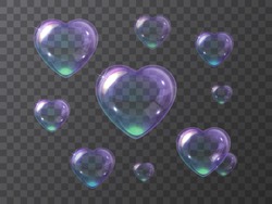 Soap Bubbles Made In The Shape Of A Heart Isolated On A Transparent Background. Vector Illustration Set Of Purple Soap Bubbles Hearts Flying Up.