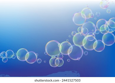 Soap bubbles magic vector illustration. Rainbow soap bubbles in blue summer sky. Childhood fun activity. Children fun activities magic shampoo bubles. Bath or shower vector background.