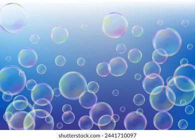 Soap bubbles magic vector illustration. Rainbow soap bubbles in blue summer sky. Childhood fun activity. Children fun activities magic shampoo bubles. Bath or shower vector background.