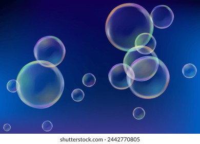 Soap bubbles magic vector illustration. Rainbow soap bubbles in blue summer sky. Childhood fun activity. Children fun activities magic shampoo bubles. Bath or shower vector background.