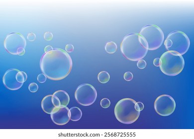 Soap bubbles magic vector illustration. Rainbow soap bubbles in blue summer sky. Childhood fun activity. Children fun activities magic shampoo bubles. Bath or shower vector background.