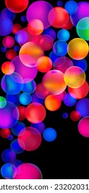 soap bubbles or multi-colored transparent balls on a dark background, vertical composition