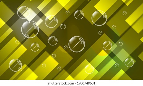 soap bubbles on the background of overlapping diagonal yellow-green stripes. art wallpaper. vector