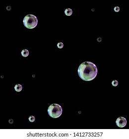 Soap bubbles on a black background. Can be used as a seamless pattern or background. Vector illustration.