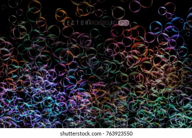 Soap bubbles on black background. Abstract bubble vector illustration. Abstract design with hologram color effect. Dark underwater colorful texture.