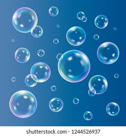 Soap bubbles on blue background, vector set