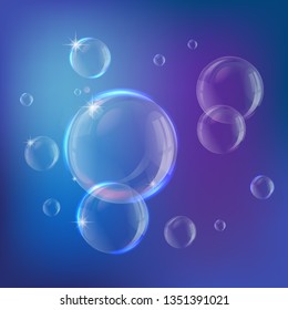 Soap bubbles on blue background vector illustration. Eps 10. Transparent template.