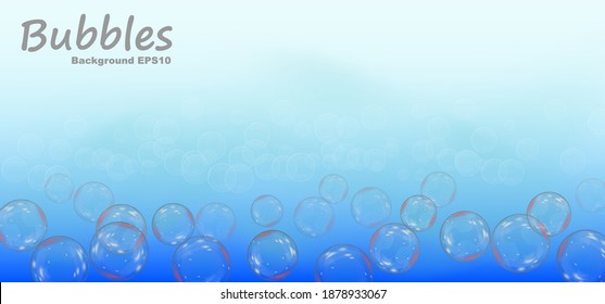Seifenblasen auf blauem Hintergrund. Vektorrealistische Illustration. Etikett für Seifenspielzeug für Kinder.
