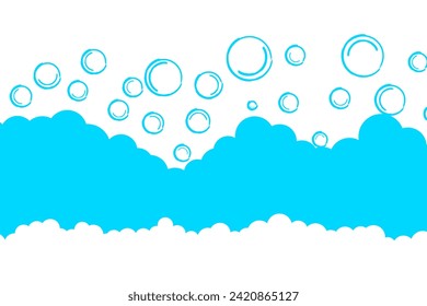 Soap bubbles on blue background. The foam expands over the water in a circle. Vector illustration