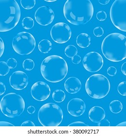 A lot of soap bubbles on blue background seamless pattern