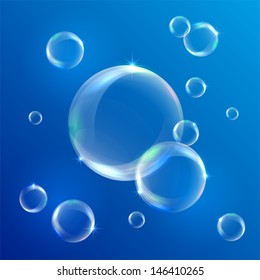 Soap bubbles on blue sky background, illustration.